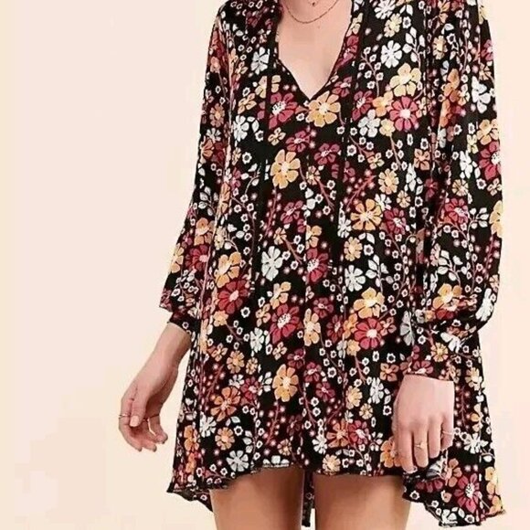 Free People Daisy Jane Mini Dress Tunic Top Black Floral Combo XS Oversized - Picture 2 of 8